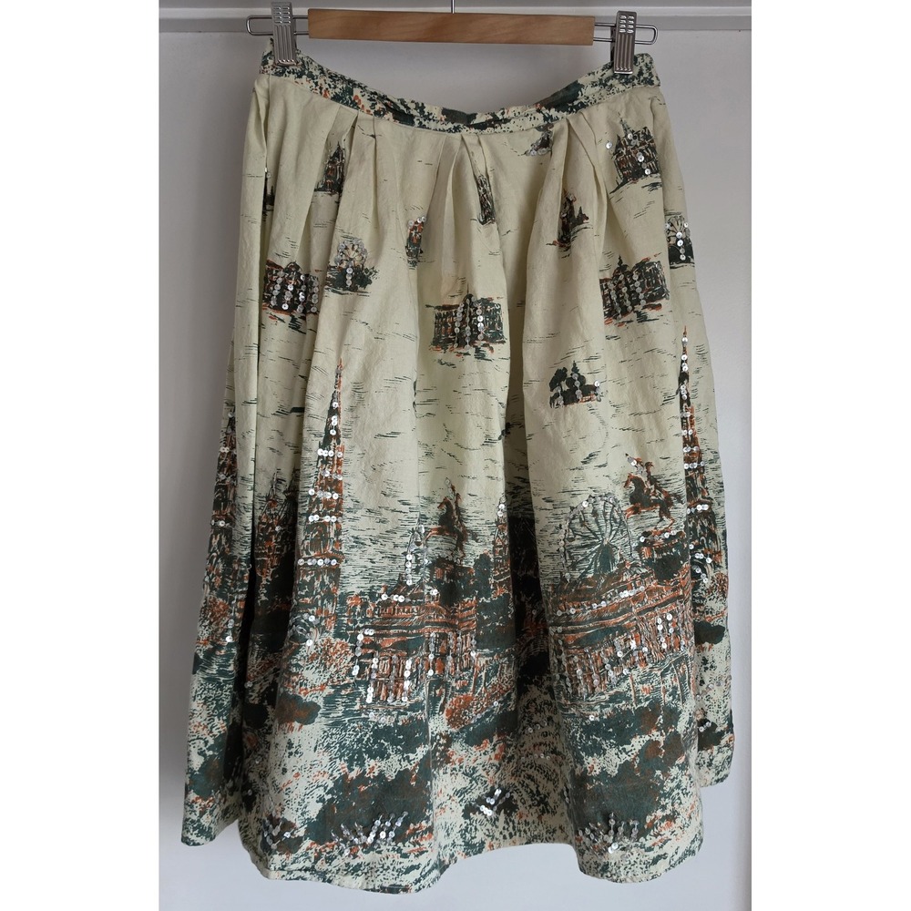Sweet by Miss Me Postcard Skirt M Boho Cotton Midi Off-White Green Orange Sequin